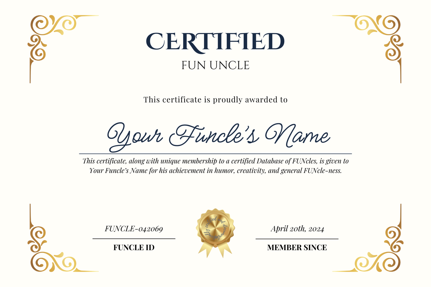 Funcle membership + PRINTED Certificate